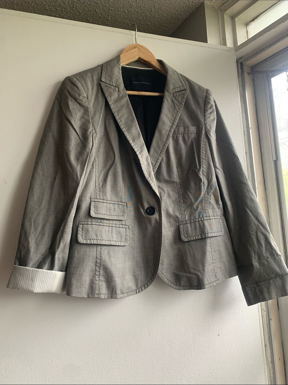 Grey Women's Tailored Blazer - Classic Single-Button Jacket Cotton Size 12